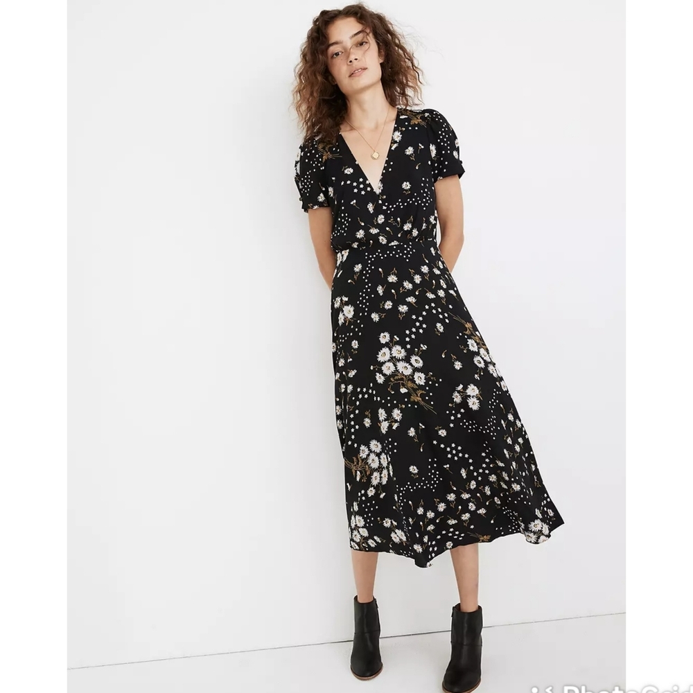 Madewell  Black Floral Puff-Sleeve Wrap-Front Midi Dress Polka Daisies Size 00